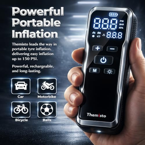 Themisto TH-TY02 Cordless Tyre Inflator 150 PSI, Dual Mode (6000mAh Battery & 12V Port), Pressure Gauge & LED SOS Flashlight I Portable Air Compressor I Car, Motorcycle, Bicycles & Other Inflatables - Image 3