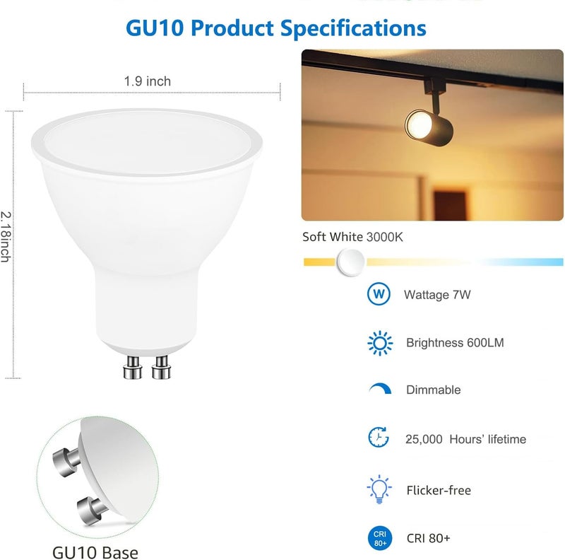 لمبة LED GU10 قابلة للتعتيم، عبوة من 10 قطع، 3000K أبيض دافئ، مكافئ هالوجين 70 واط، موفرة للطاقة 7 واط، زاوية شعاع 120°، أضواء كاشفة، لمبات LED للإضاءة المخفية على المسار، 600 لومن، CIR≥80 - Image 2