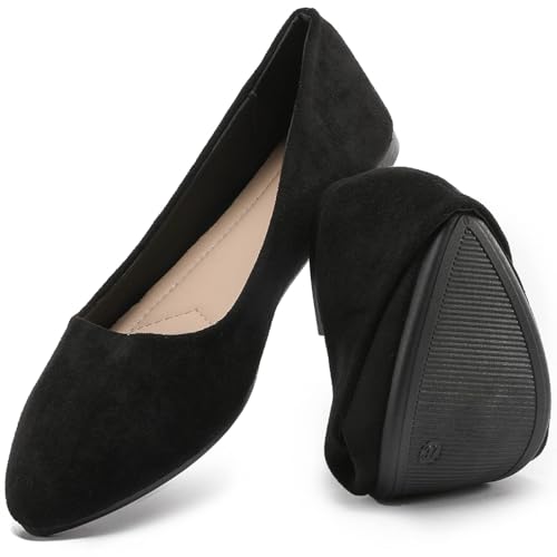 HEAWISH Women’s Black Flats Shoes Comfortable Suede Pointed Toe Slip On Casual Ballet Flats Dress Shoes Nude Flats(Black, US8) - Image 1