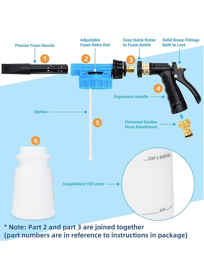 Excefore Car Wash Foam Gun With Adjustable Pressure & Foam Concentration - Comes With Brass Connector & Washing Mitts, Fits Most Garden Hoses (Blue) - Image 3