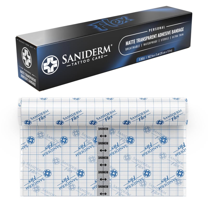 Saniderm Flex Tattoo Aftercare Bandage (New) (Personal Roll, 10.2 in x 2 yd) â€“ Faster Tattoo Healing and Protection â€“ Sterile, Waterproof, Flexible, Latex-Free, Tattoo Aftercare Wrap â€“ Matte Finish - Image 1