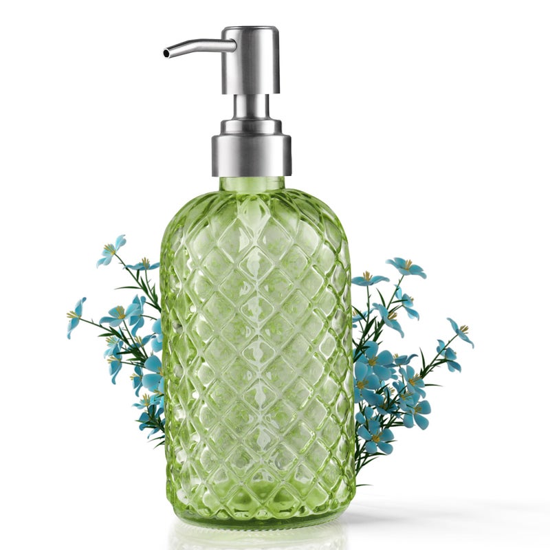 KAI SHUN 12 Oz Refillable Glass Soap Dispenser With Rust Proof Stainless Steel Pump  For Dispense Hand Soap  Body Wash  Lotion (Green) - Image 1
