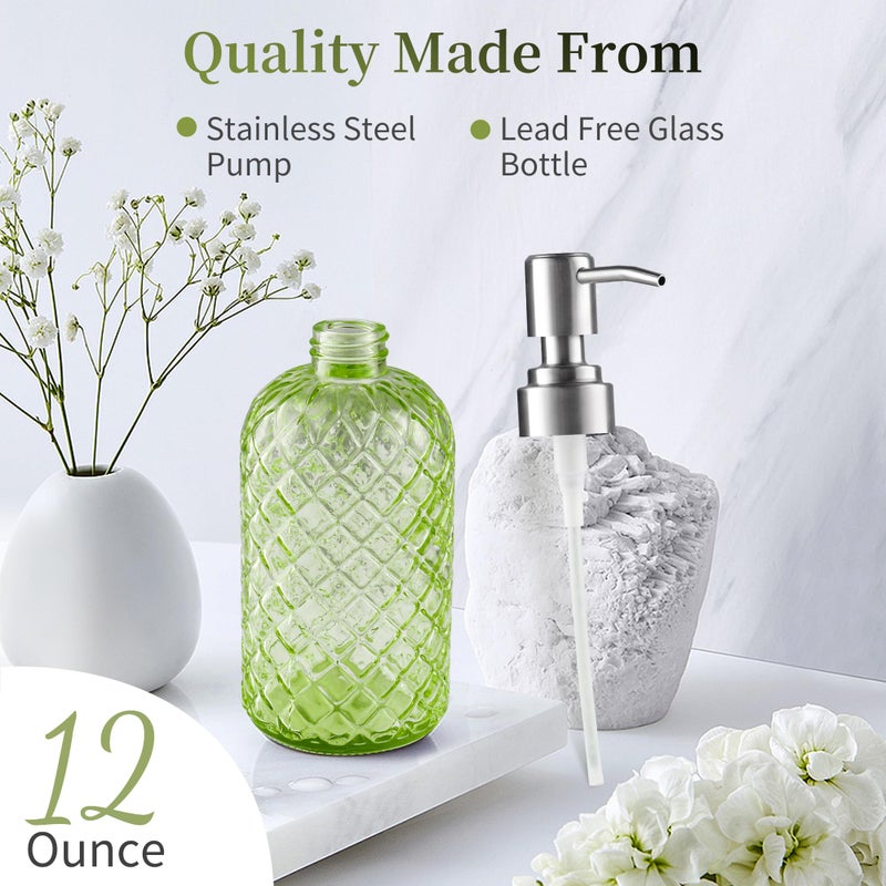 KAI SHUN 12 Oz Refillable Glass Soap Dispenser With Rust Proof Stainless Steel Pump  For Dispense Hand Soap  Body Wash  Lotion (Green) - Image 3