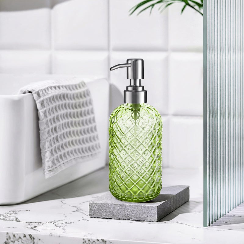 KAI SHUN 12 Oz Refillable Glass Soap Dispenser With Rust Proof Stainless Steel Pump  For Dispense Hand Soap  Body Wash  Lotion (Green) - Image 5