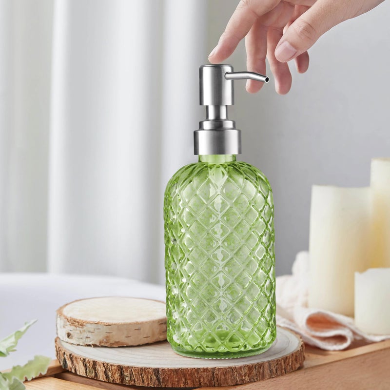 KAI SHUN 12 Oz Refillable Glass Soap Dispenser With Rust Proof Stainless Steel Pump  For Dispense Hand Soap  Body Wash  Lotion (Green) - Image 4