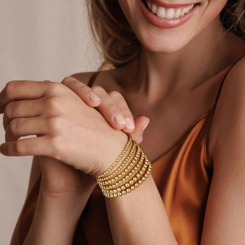 adoyi Gold Bracelets for Women 14K Gold Plated Beaded Stackable Strand Bead Ball Bracelet stack Set Trendy Adjustable Jewelry Sets for Gifts - Image 2