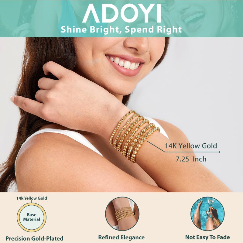 adoyi Gold Bracelets for Women 14K Gold Plated Beaded Stackable Strand Bead Ball Bracelet stack Set Trendy Adjustable Jewelry Sets for Gifts - Image 4