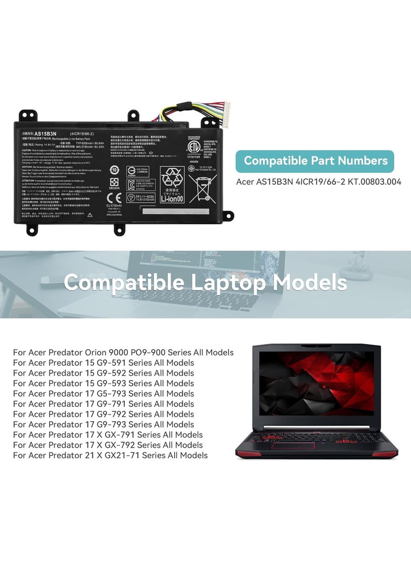 Terabyte AS15B3N Laptop Battery for Acer Predator 15 G9-591 G9-591G G9-592 G9-592G G9-593 Predator 17 G5-793 G9-791 G9-791G G9-792 G9-792G G9-793 Predator 17X GX-791 GX-792 21X GX21-71 G9000 4ICR19/66-2 - Image 3