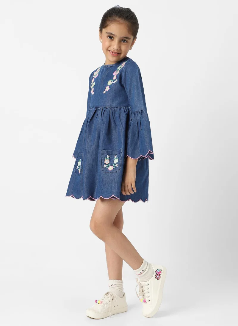 Nautinati Nautinati Girls’ Floral Embroidered Flared Fit Denim Dress with Scalloped Hem