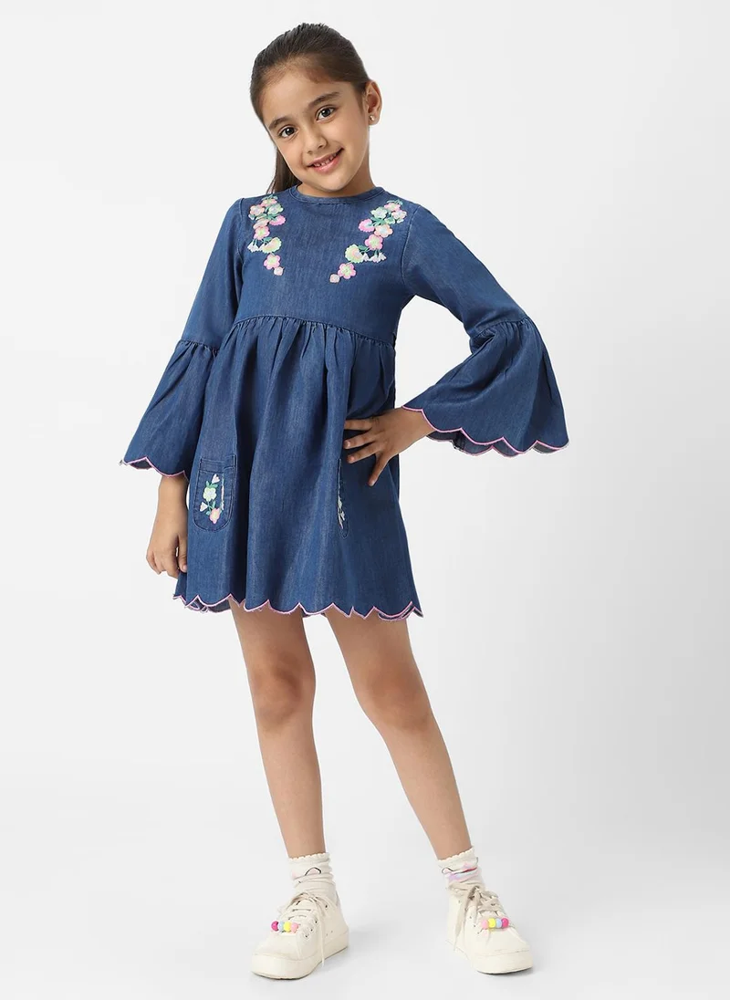 Nautinati Nautinati Girls’ Floral Embroidered Flared Fit Denim Dress with Scalloped Hem