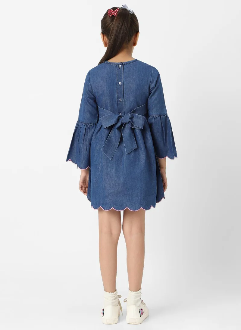 Nautinati Nautinati Girls’ Floral Embroidered Flared Fit Denim Dress with Scalloped Hem