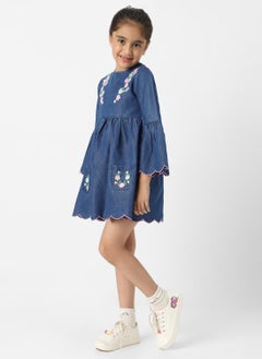 Nautinati Nautinati Girls’ Floral Embroidered Flared Fit Denim Dress with Scalloped Hem  - Image 2