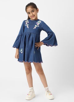 Nautinati Nautinati Girls’ Floral Embroidered Flared Fit Denim Dress with Scalloped Hem  - Image 1