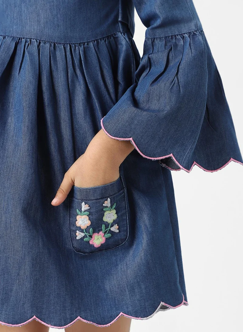 Nautinati Nautinati Girls’ Floral Embroidered Flared Fit Denim Dress with Scalloped Hem
