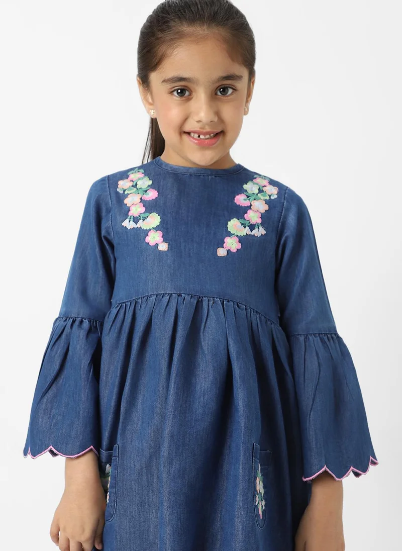 Nautinati Nautinati Girls’ Floral Embroidered Flared Fit Denim Dress with Scalloped Hem
