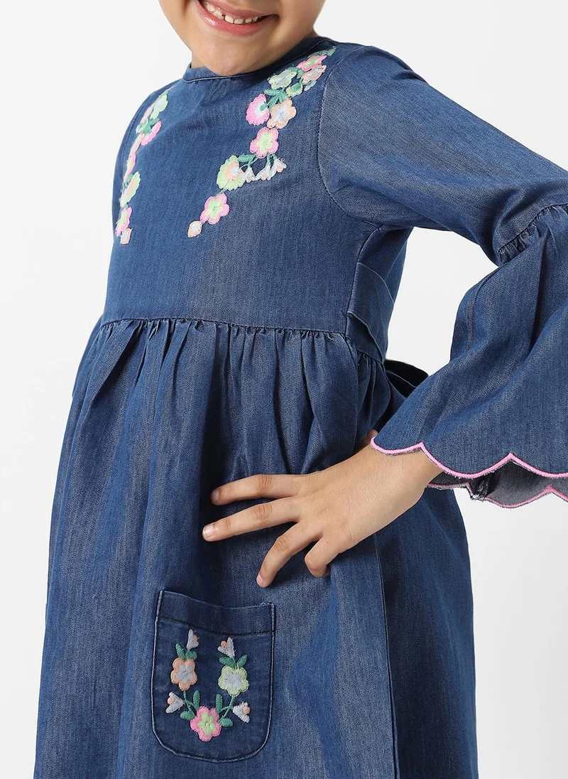 Nautinati Nautinati Girls’ Floral Embroidered Flared Fit Denim Dress with Scalloped Hem
