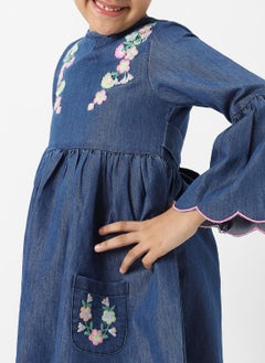 Nautinati Nautinati Girls’ Floral Embroidered Flared Fit Denim Dress with Scalloped Hem  - Image 4