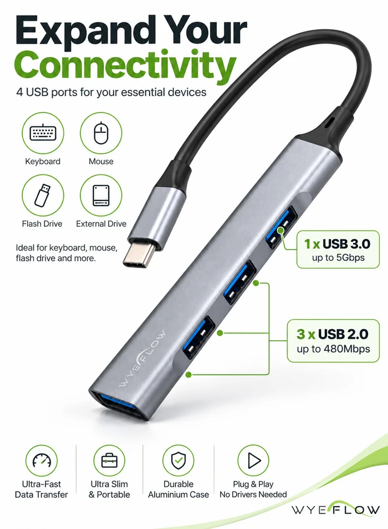 واي محول موزع USB C من بـ 4 منافذ، نحيف للغاية من الألومنيوم، منفذ USB 3.0 و3 منافذ USB 2.0