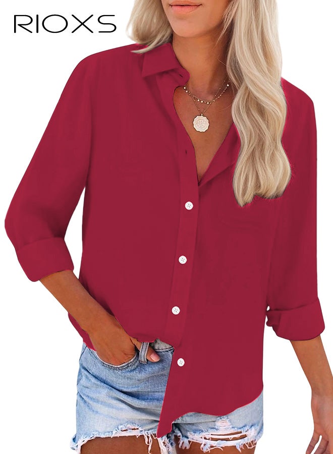 ريوكس قميص النساء أسفل القميص، القمصان طويلة الأكمام الكلاسيكي المبطن، ملابس العمل غير الرسمية الفضفاضة، بلوزة المكتب الأساسية، القميص الأحمر للسيدات، القمصان المريحة مع الجينز، السيقان النحيفة، السراويل الساخنة والأحذية المختلفة - Image 4