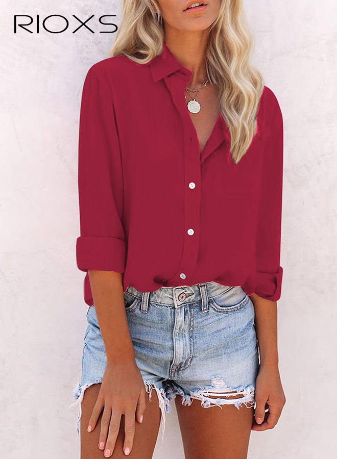 ريوكس قميص النساء أسفل القميص، القمصان طويلة الأكمام الكلاسيكي المبطن، ملابس العمل غير الرسمية الفضفاضة، بلوزة المكتب الأساسية، القميص الأحمر للسيدات، القمصان المريحة مع الجينز، السيقان النحيفة، السراويل الساخنة والأحذية المختلفة - Image 3