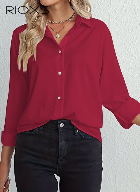 قميص النساء أسفل القميص، القمصان طويلة الأكمام الكلاسيكي المبطن، ملابس العمل غير الرسمية الفضفاضة، بلوزة المكتب الأساسية، القميص الأحمر للسيدات، القمصان المريحة مع الجينز، السيقان النحيفة، السراويل الساخنة والأحذية المختلفة