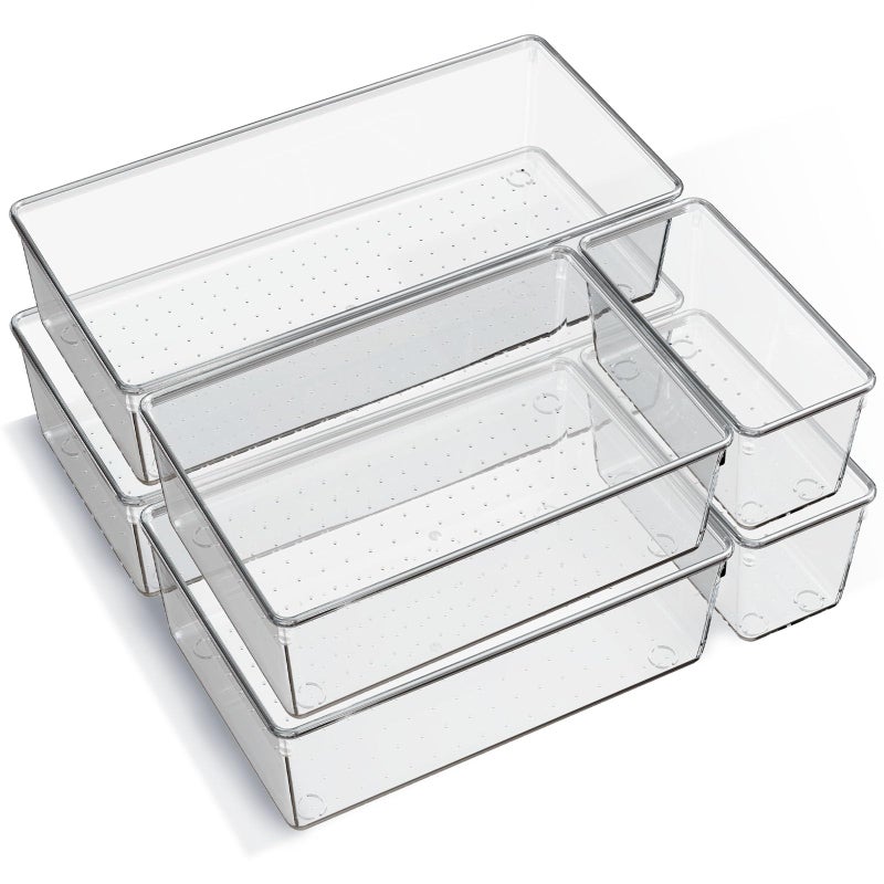 Criusia 6 Pack Large Clear Plastic Drawer Organizer Trays, Acrylic Kitchen Drawer Organization and Storage Dividers, Non-Slip Storage Bins for Makeup, Kitchen Utensils, Bathroom, Jewelries and Office Desk - Image 1