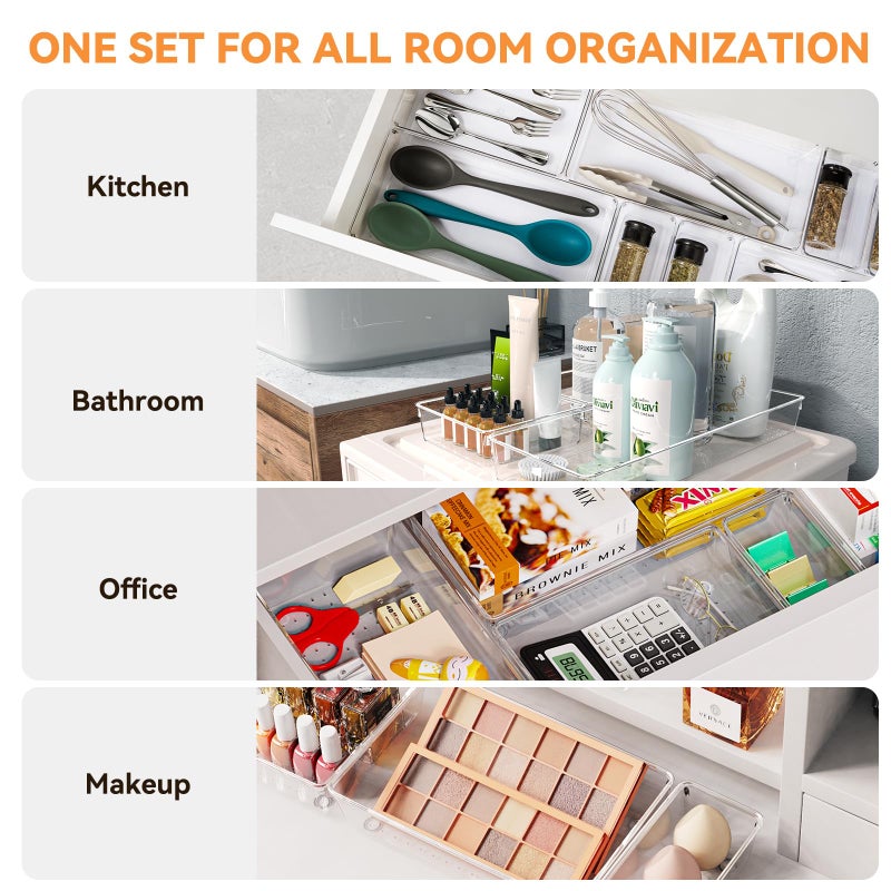 Criusia 6 Pack Large Clear Plastic Drawer Organizer Trays, Acrylic Kitchen Drawer Organization and Storage Dividers, Non-Slip Storage Bins for Makeup, Kitchen Utensils, Bathroom, Jewelries and Office Desk - Image 3