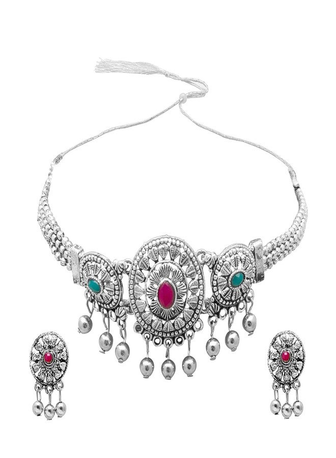 Bodha Traditional IndianSilver Plated Oxidized Stylish Traditional Ethnic Choker Necklace Jewellery Set for Women (SJN_99_O) - Image 2