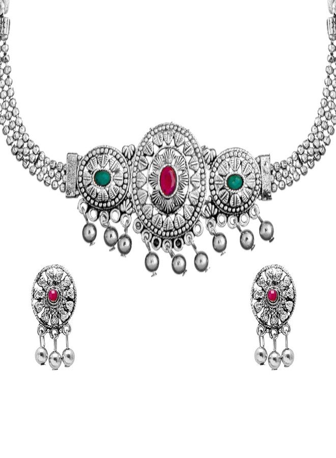 Bodha Traditional IndianSilver Plated Oxidized Stylish Traditional Ethnic Choker Necklace Jewellery Set for Women (SJN_99_O) - Image 1