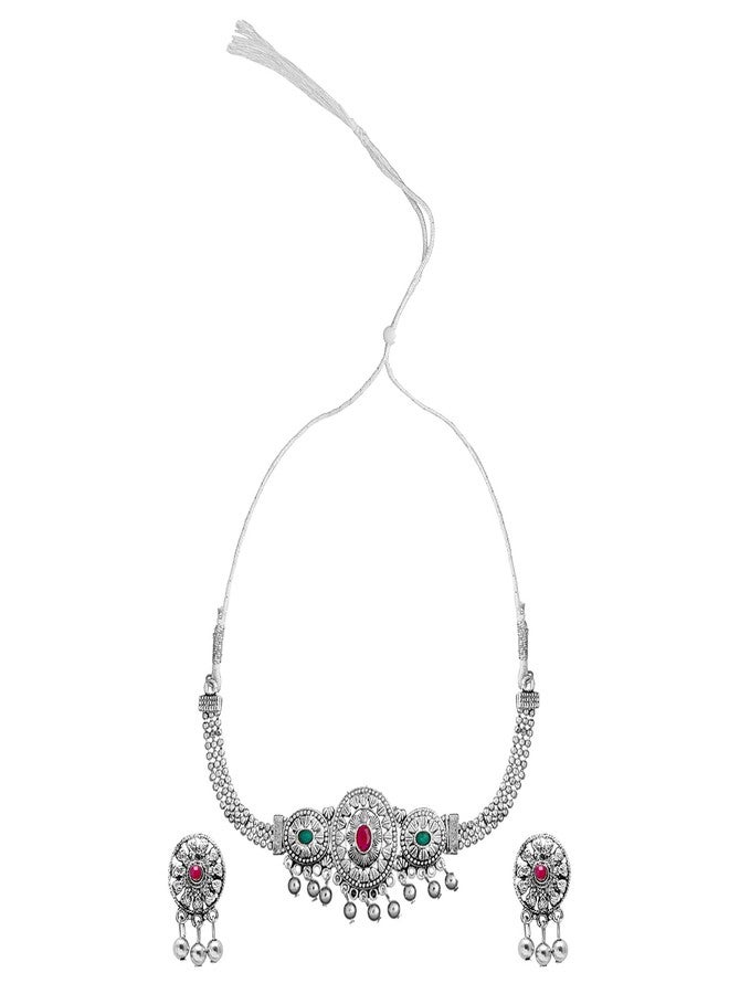 Bodha Traditional IndianSilver Plated Oxidized Stylish Traditional Ethnic Choker Necklace Jewellery Set for Women (SJN_99_O) - Image 3