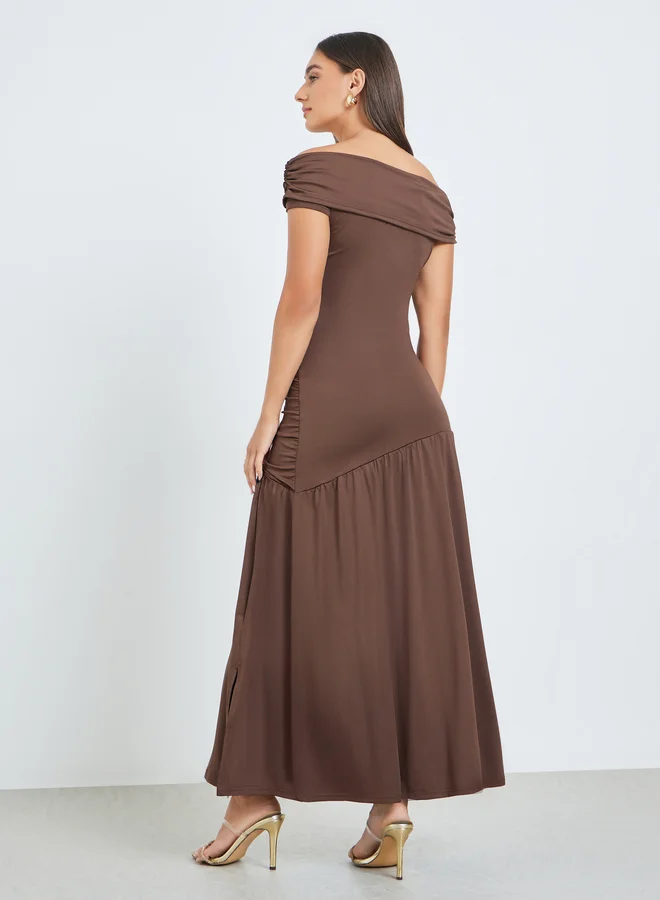 Styli Brown Brown Gathered Off-Shoulder Maxi Dress for Women | Best Price UAE