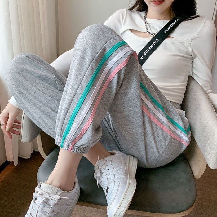 389 # Autumn and Winter Casual Rainbow Stripesd Pants Womens Loose Leggings Sweatpants Spring  Fall Korean Style Harem Pants Trousers Gray (thin section)