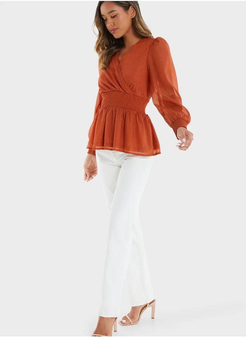QUIZ Puff Sleeve Surplice Neck Top
