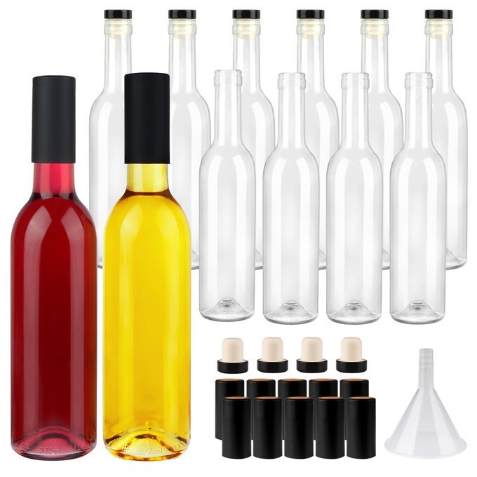 12 PACK 12OZ CLEAR GLASS BOTTLES WITH CORK LIDS AND PVC SHRINK CAPSULES 375 ML EMPTY HOME BREWING WINE BOTTLES WITH FUNNEL FOR SPARKLING WINE JUICE KOMBUCHA BEVERAGES
