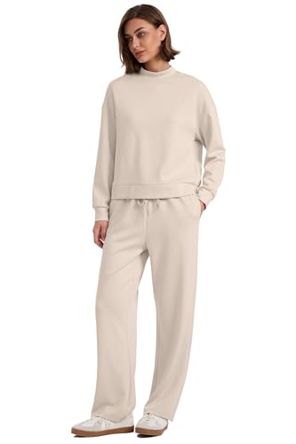 WIHOLL Trendy Outfits for Women 2 Piece Long Sleeve Lounge Sets Resort Wear Cruise Two Piece Matching Sets Fall Loungewear Comfy Active Spring Tracksuit Women's Winter Sweatpants Suit Beige S - Image 4