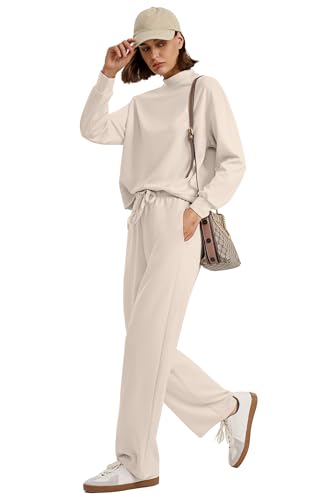 WIHOLL Trendy Outfits for Women 2 Piece Long Sleeve Lounge Sets Resort Wear Cruise Two Piece Matching Sets Fall Loungewear Comfy Active Spring Tracksuit Women's Winter Sweatpants Suit Beige S - Image 3