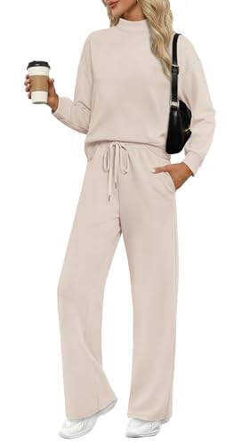 WIHOLL Trendy Outfits for Women 2 Piece Long Sleeve Lounge Sets Resort Wear Cruise Two Piece Matching Sets Fall Loungewear Comfy Active Spring Tracksuit Women's Winter Sweatpants Suit Beige S - Image 1