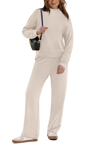 WIHOLL Trendy Outfits for Women 2 Piece Long Sleeve Lounge Sets Resort Wear Cruise Two Piece Matching Sets Fall Loungewear Comfy Active Spring Tracksuit Women's Winter Sweatpants Suit Beige S - Image 2