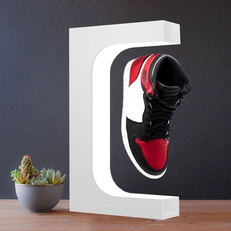 Floatidea Floating Shoe Display Magnetic Levitating Sneaker Stand Holder Rotation Acrylic Rack with LED Light for Gift Advertising Exhibition Storefront shop up to Size 13 Big Shoes (White Without Shoe) - Image 1