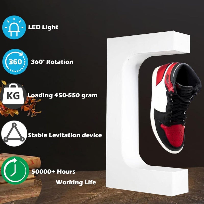 Floatidea Floating Shoe Display Magnetic Levitating Sneaker Stand Holder Rotation Acrylic Rack with LED Light for Gift Advertising Exhibition Storefront shop up to Size 13 Big Shoes (White Without Shoe) - Image 2