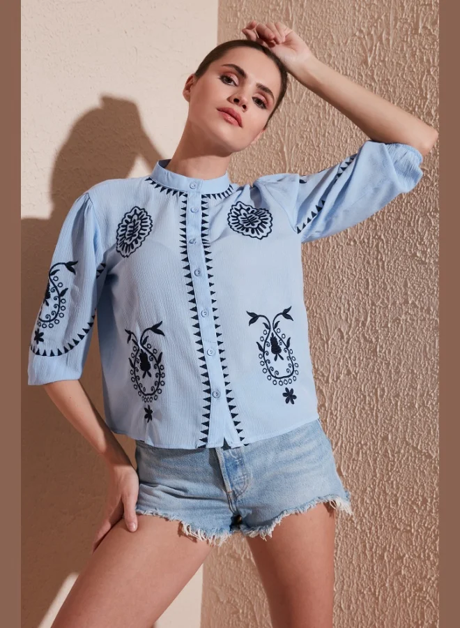 Lela Lela Embroidered Three Quarter Sleeve Judge Collar Cotton Şile Cloth Shirt Women's SHIRT 611BZ0044