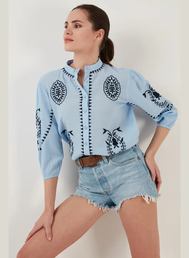 Lela Lela Embroidered Three Quarter Sleeve Judge Collar Cotton Şile Cloth Shirt Women's SHIRT 611BZ0044