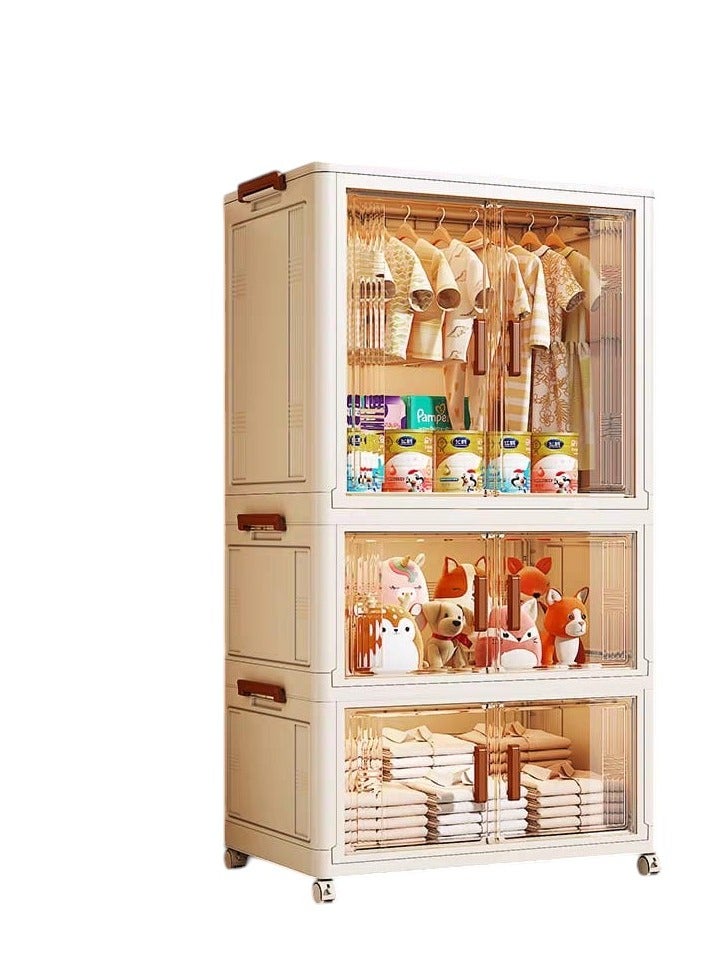 Foldable Plastic Storage Box 3 Layers Portable Children's Wardrobe Collapsible Cabinet Quick Install Toddler Dresser with Hanging Rod  - Image 1