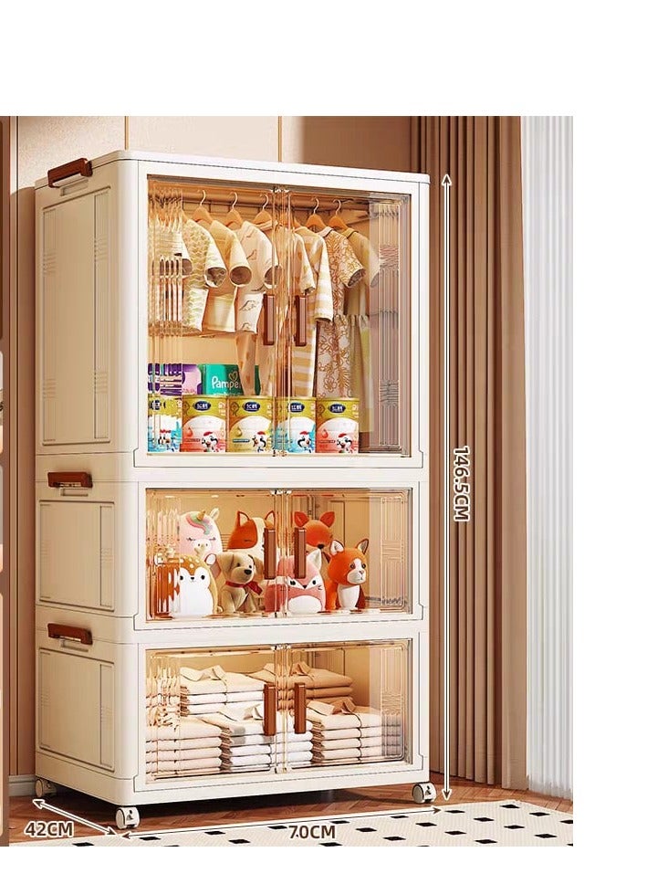 Foldable Plastic Storage Box 3 Layers Portable Children's Wardrobe Collapsible Cabinet Quick Install Toddler Dresser with Hanging Rod  - Image 2