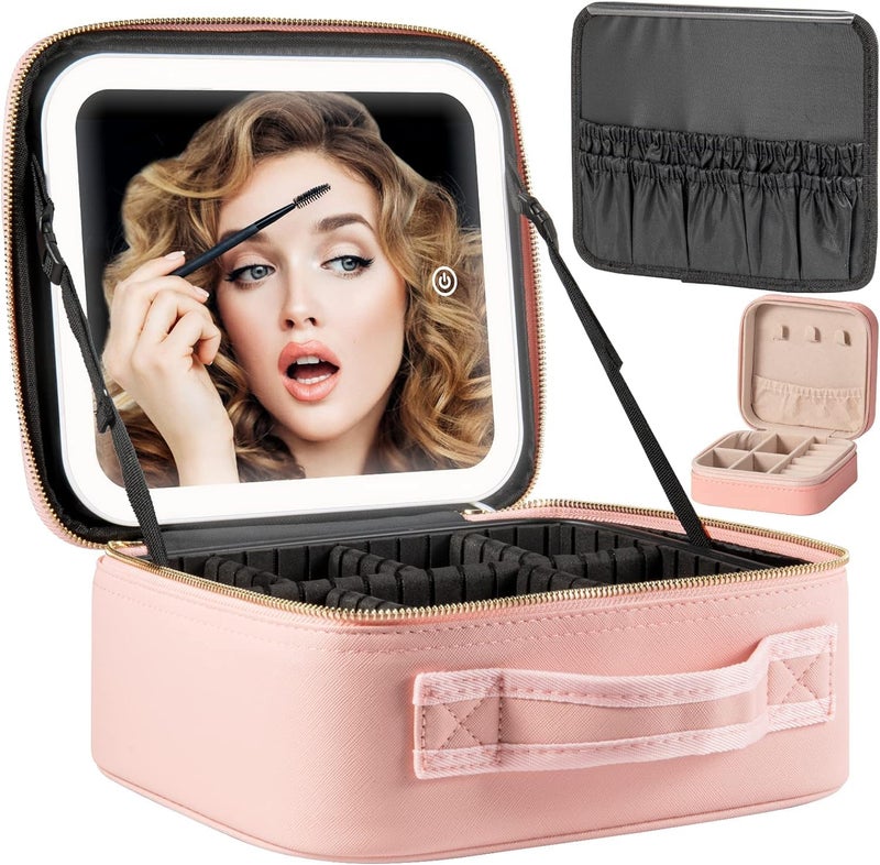 Ncry Makeup Travel Bag with Makeup Travel Train Case with Adjustable Divider Makeup Bag with Mirror Travel Cosmetic Bag for Makeup Pink - Image 1