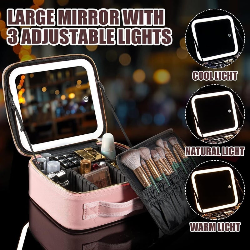 Ncry Makeup Travel Bag with Makeup Travel Train Case with Adjustable Divider Makeup Bag with Mirror Travel Cosmetic Bag for Makeup Pink - Image 4