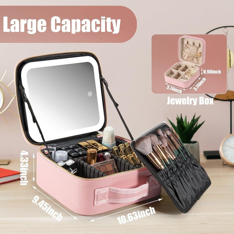 Ncry Makeup Travel Bag with Makeup Travel Train Case with Adjustable Divider Makeup Bag with Mirror Travel Cosmetic Bag for Makeup Pink - Image 3