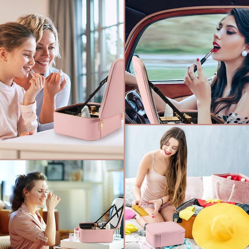 Ncry Makeup Travel Bag with Makeup Travel Train Case with Adjustable Divider Makeup Bag with Mirror Travel Cosmetic Bag for Makeup Pink - Image 5