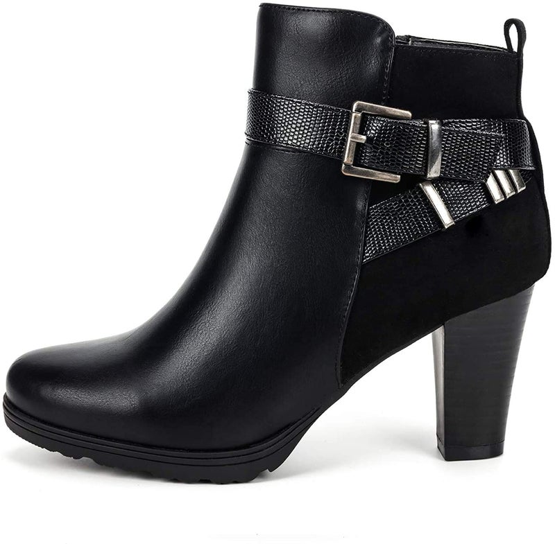 mysoft Women's Zipper Booties Chunky Stacked Heel Ankle Boots Buckle Strap Ankle - Image 3