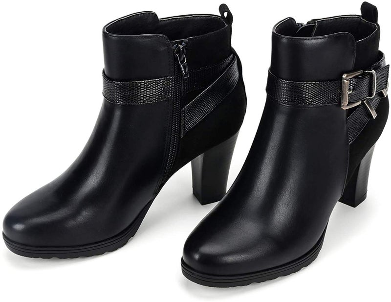 mysoft Women's Zipper Booties Chunky Stacked Heel Ankle Boots Buckle Strap Ankle - Image 4